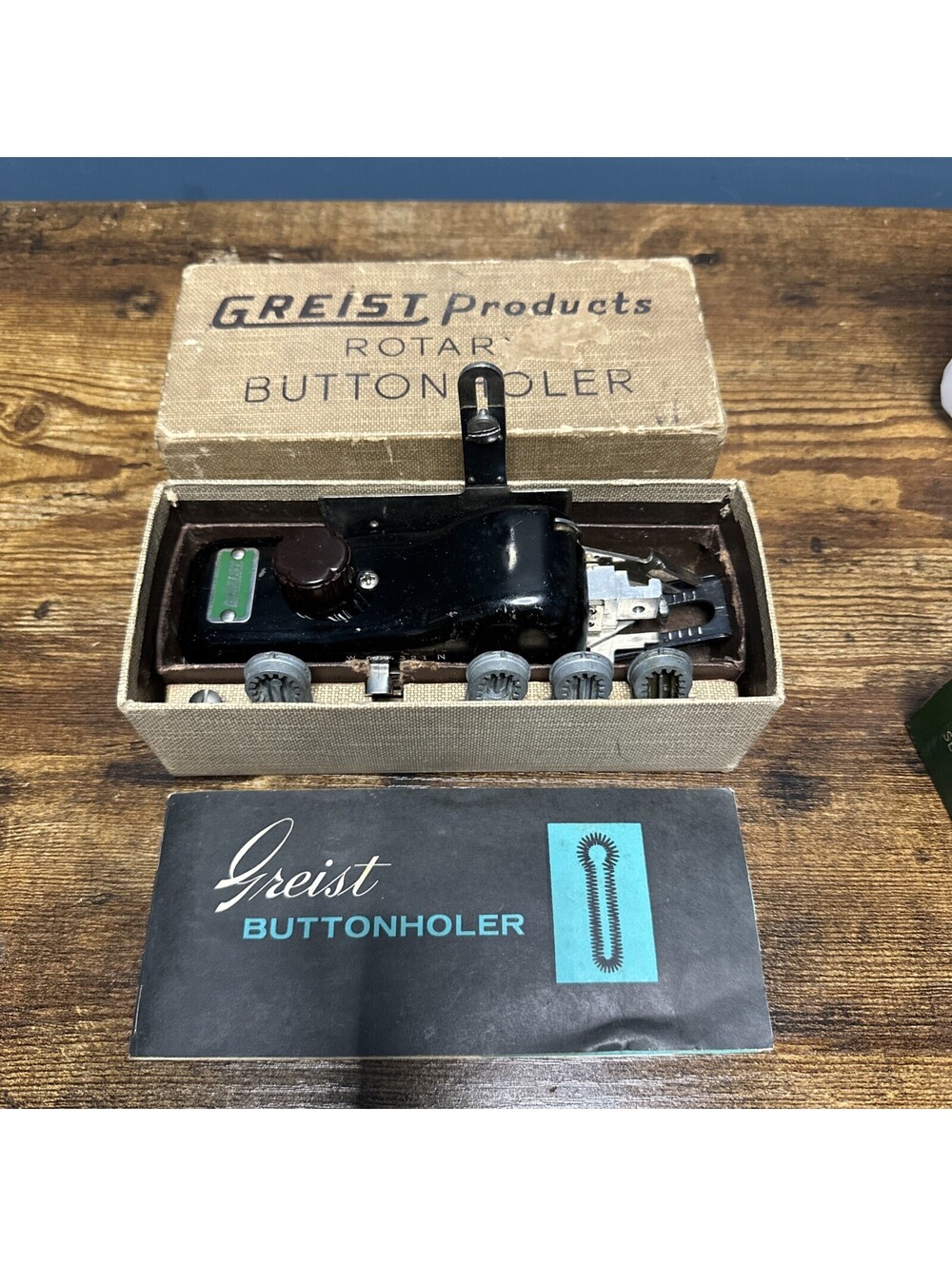 Vintage 1956 Complete In Box Greist Products Rotary Buttonholer Attachment